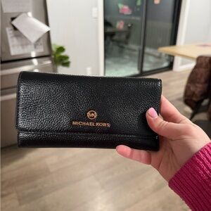 Michael Kors Black Leather Clutch with Gold Logo
